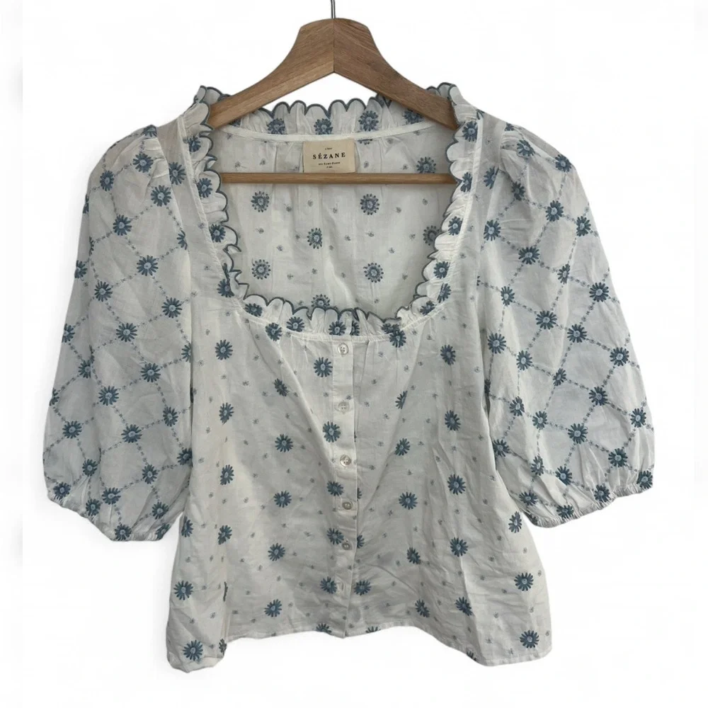 Sezane Kellia shirt size 34/2 blue ecru daisies EUC - Picture 2 of 5
